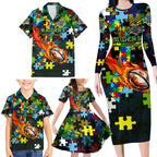 Raiders Autism Awareness Family Matching Long Sleeve Bodycon Dress and Hawaiian Shirt Puzzle Flames Rugby Ball