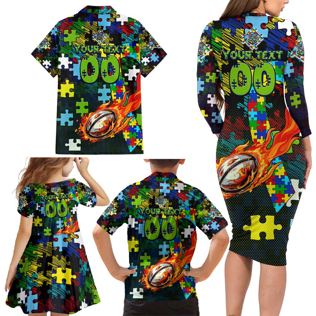 Raiders Autism Awareness Family Matching Long Sleeve Bodycon Dress and Hawaiian Shirt Puzzle Flames Rugby Ball
