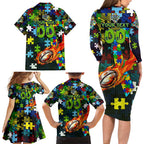 Raiders Autism Awareness Family Matching Long Sleeve Bodycon Dress and Hawaiian Shirt Puzzle Flames Rugby Ball