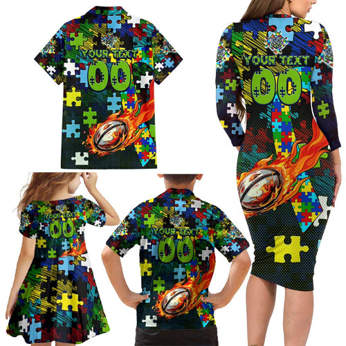 Raiders Autism Awareness Family Matching Long Sleeve Bodycon Dress and Hawaiian Shirt Puzzle Flames Rugby Ball
