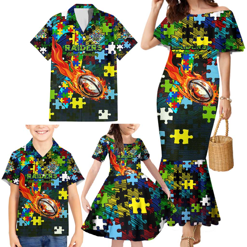 Raiders Autism Awareness Family Matching Mermaid Dress and Hawaiian Shirt Puzzle Flames Rugby Ball