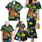 Raiders Autism Awareness Family Matching Mermaid Dress and Hawaiian Shirt Puzzle Flames Rugby Ball