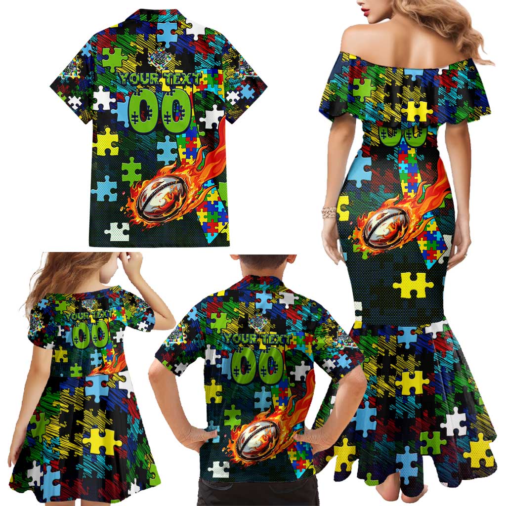 Raiders Autism Awareness Family Matching Mermaid Dress and Hawaiian Shirt Puzzle Flames Rugby Ball