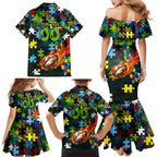Raiders Autism Awareness Family Matching Mermaid Dress and Hawaiian Shirt Puzzle Flames Rugby Ball