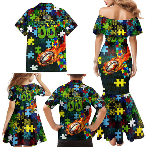 Raiders Autism Awareness Family Matching Mermaid Dress and Hawaiian Shirt Puzzle Flames Rugby Ball