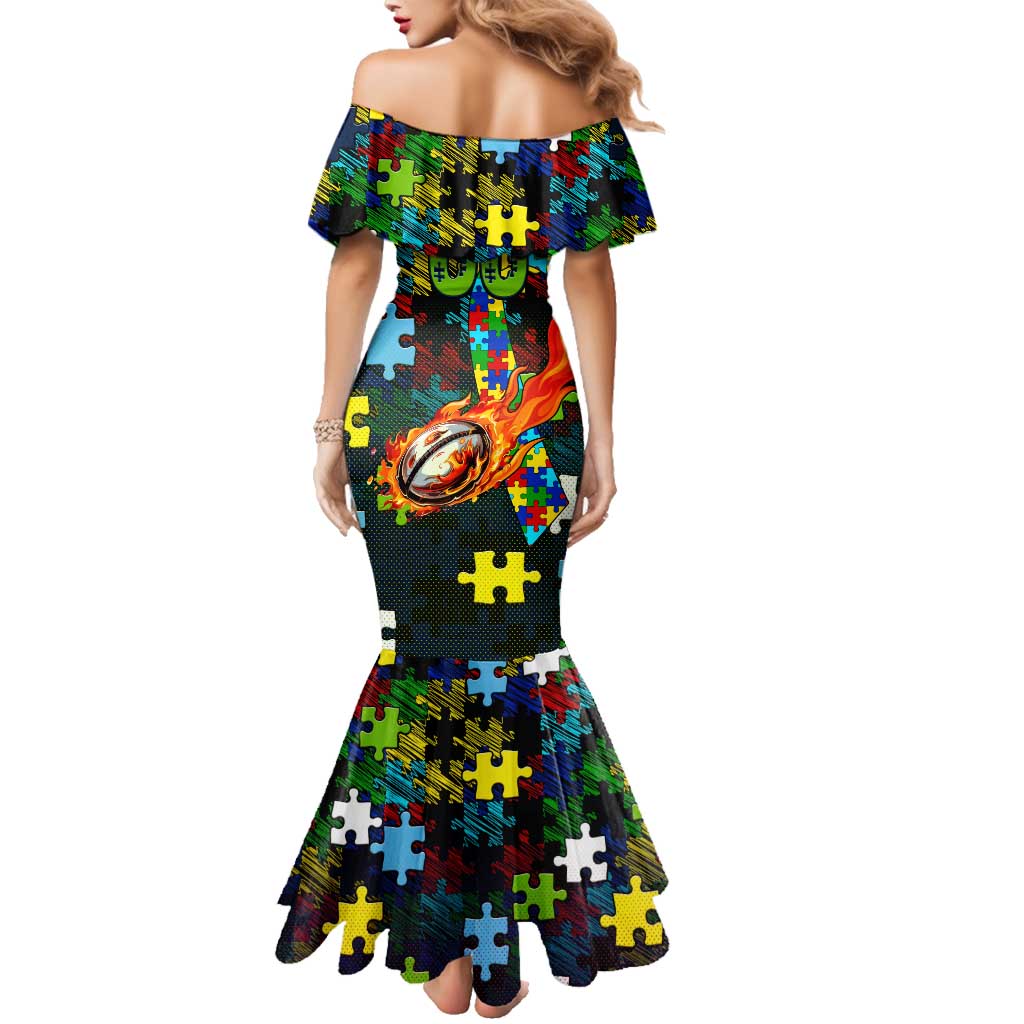 Raiders Autism Awareness Family Matching Mermaid Dress and Hawaiian Shirt Puzzle Flames Rugby Ball