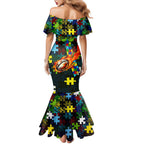 Raiders Autism Awareness Family Matching Mermaid Dress and Hawaiian Shirt Puzzle Flames Rugby Ball