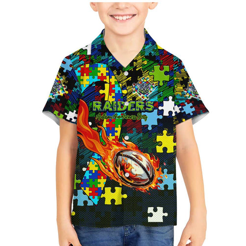 Raiders Autism Awareness Family Matching Mermaid Dress and Hawaiian Shirt Puzzle Flames Rugby Ball