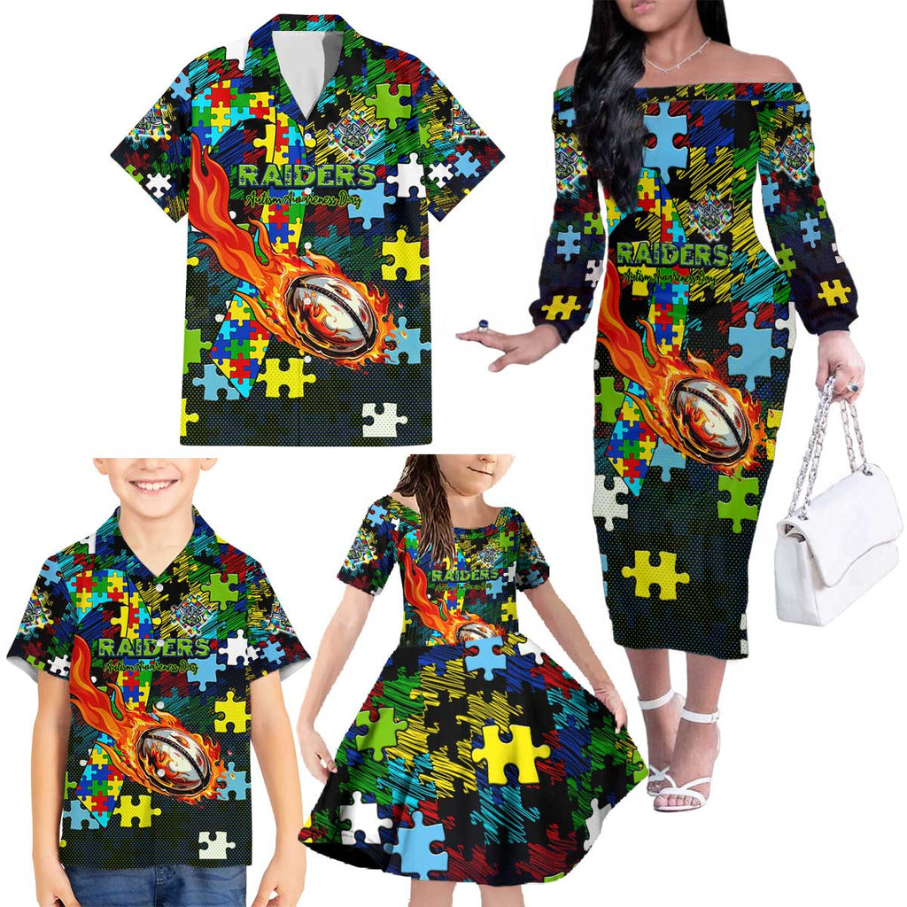 Raiders Autism Awareness Family Matching Off The Shoulder Long Sleeve Dress and Hawaiian Shirt Puzzle Flames Rugby Ball