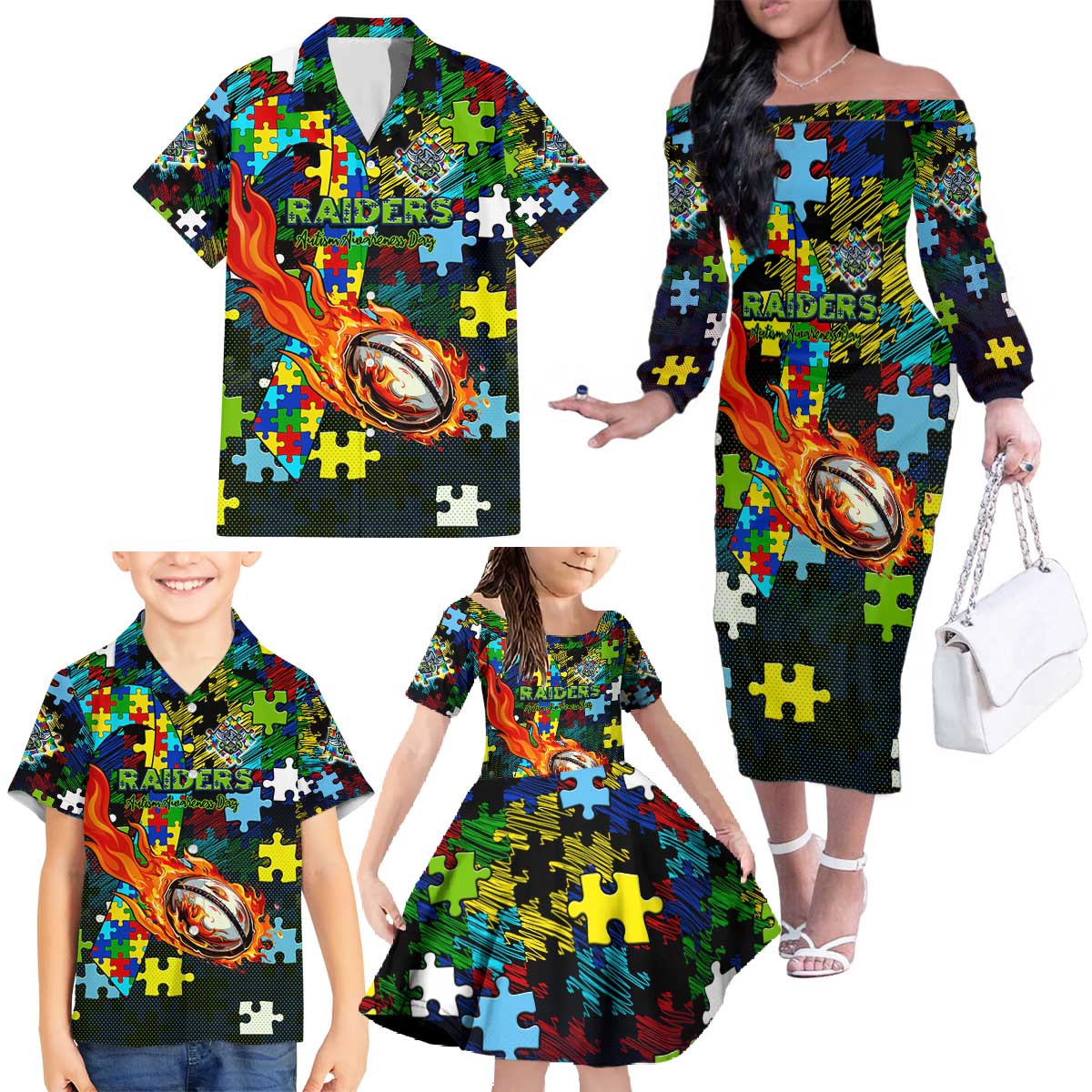 Raiders Autism Awareness Family Matching Off The Shoulder Long Sleeve Dress and Hawaiian Shirt Puzzle Flames Rugby Ball