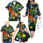 Raiders Autism Awareness Family Matching Off The Shoulder Long Sleeve Dress and Hawaiian Shirt Puzzle Flames Rugby Ball