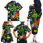 Raiders Autism Awareness Family Matching Off The Shoulder Long Sleeve Dress and Hawaiian Shirt Puzzle Flames Rugby Ball