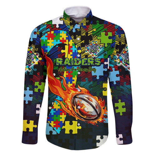 Raiders Autism Awareness Family Matching Off The Shoulder Long Sleeve Dress and Hawaiian Shirt Puzzle Flames Rugby Ball