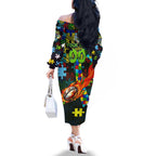 Raiders Autism Awareness Family Matching Off The Shoulder Long Sleeve Dress and Hawaiian Shirt Puzzle Flames Rugby Ball