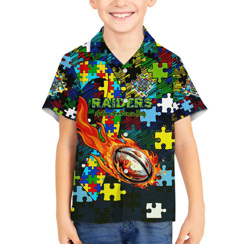 Raiders Autism Awareness Family Matching Off The Shoulder Long Sleeve Dress and Hawaiian Shirt Puzzle Flames Rugby Ball
