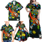 Raiders Autism Awareness Family Matching Off Shoulder Maxi Dress and Hawaiian Shirt Puzzle Flames Rugby Ball