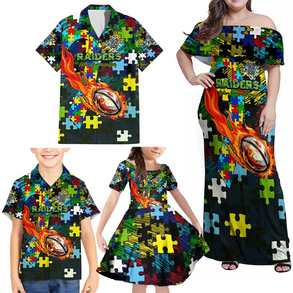 Raiders Autism Awareness Family Matching Off Shoulder Maxi Dress and Hawaiian Shirt Puzzle Flames Rugby Ball