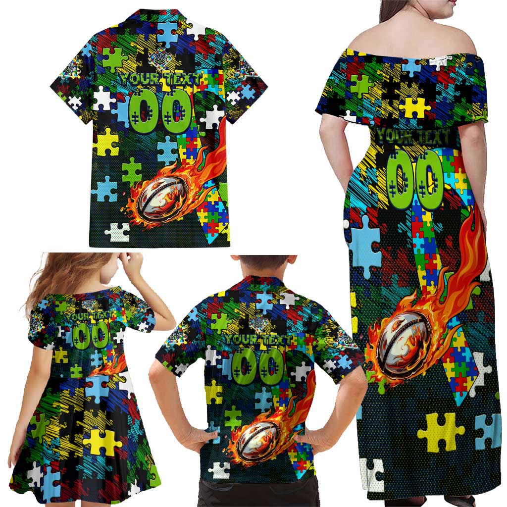 Raiders Autism Awareness Family Matching Off Shoulder Maxi Dress and Hawaiian Shirt Puzzle Flames Rugby Ball