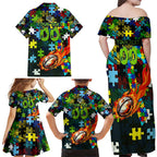 Raiders Autism Awareness Family Matching Off Shoulder Maxi Dress and Hawaiian Shirt Puzzle Flames Rugby Ball