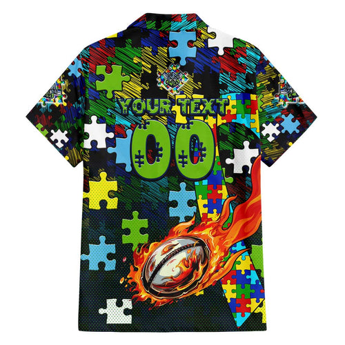Raiders Autism Awareness Family Matching Off Shoulder Maxi Dress and Hawaiian Shirt Puzzle Flames Rugby Ball