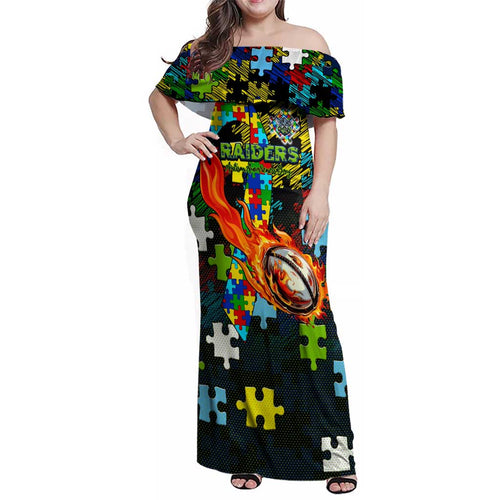 Raiders Autism Awareness Family Matching Off Shoulder Maxi Dress and Hawaiian Shirt Puzzle Flames Rugby Ball