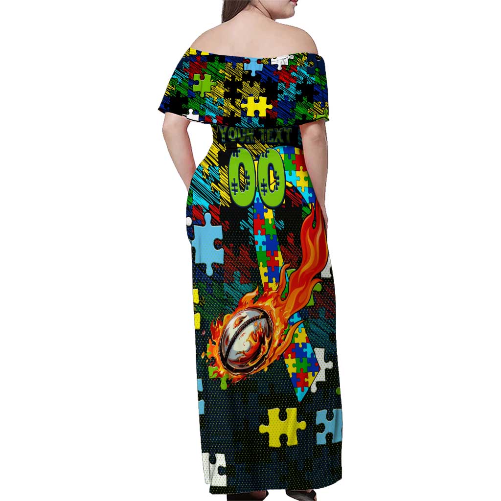 Raiders Autism Awareness Family Matching Off Shoulder Maxi Dress and Hawaiian Shirt Puzzle Flames Rugby Ball