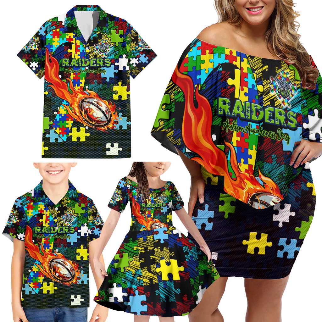 Raiders Autism Awareness Family Matching Off Shoulder Short Dress and Hawaiian Shirt Puzzle Flames Rugby Ball