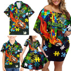 Raiders Autism Awareness Family Matching Off Shoulder Short Dress and Hawaiian Shirt Puzzle Flames Rugby Ball