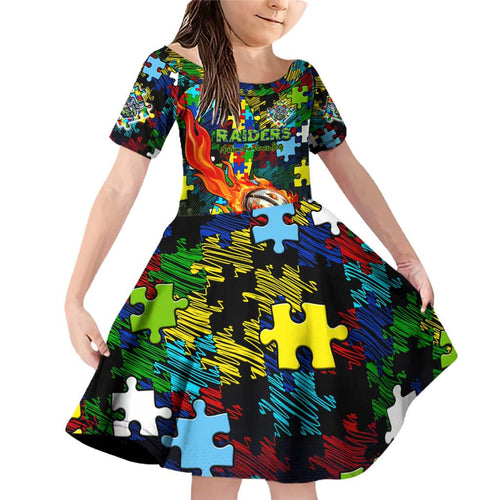 Raiders Autism Awareness Family Matching Off Shoulder Short Dress and Hawaiian Shirt Puzzle Flames Rugby Ball