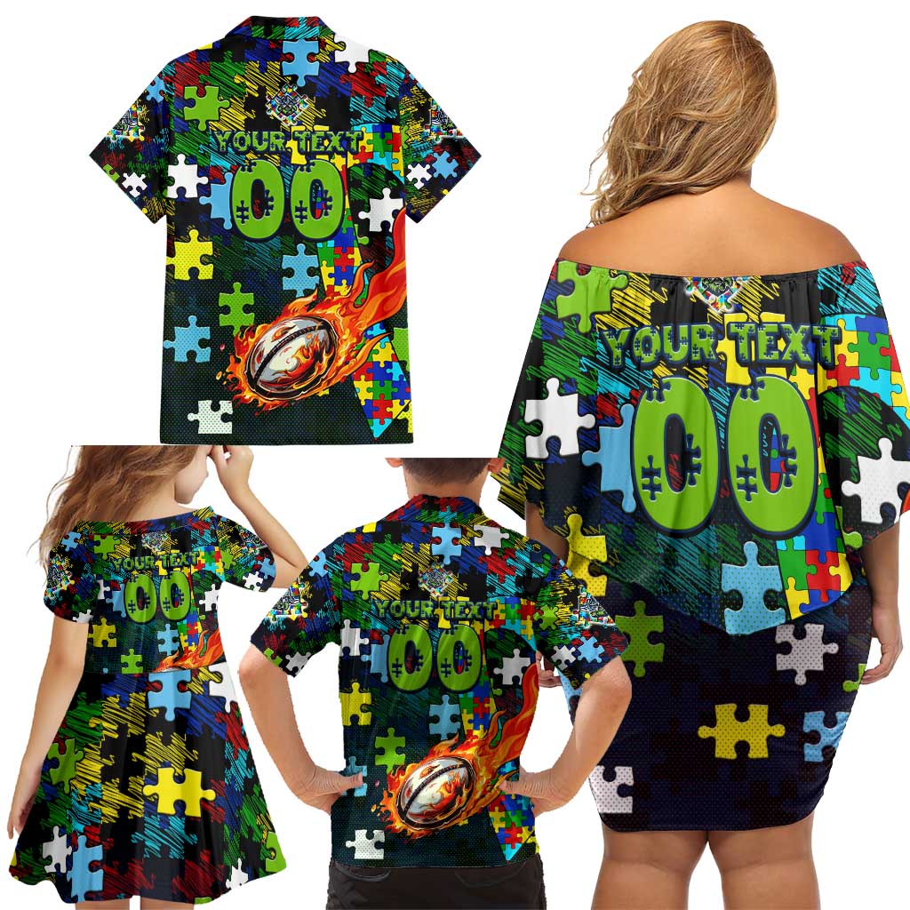 Raiders Autism Awareness Family Matching Off Shoulder Short Dress and Hawaiian Shirt Puzzle Flames Rugby Ball