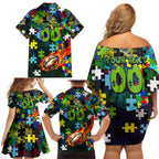 Raiders Autism Awareness Family Matching Off Shoulder Short Dress and Hawaiian Shirt Puzzle Flames Rugby Ball