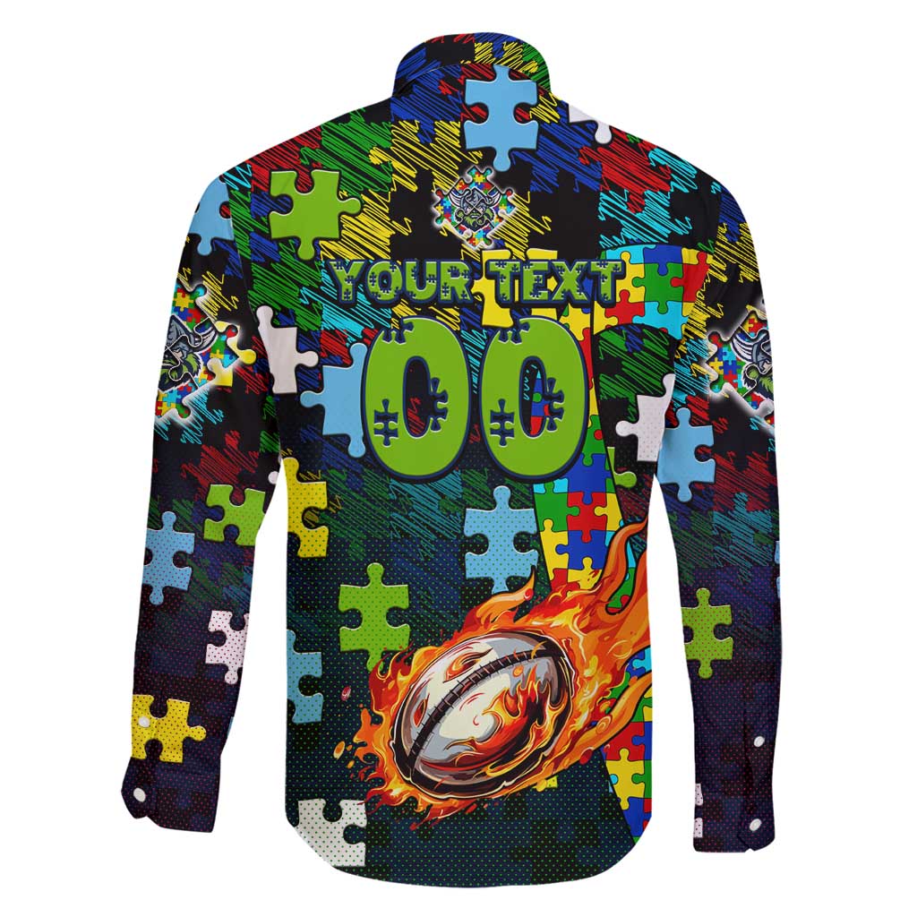 Raiders Autism Awareness Family Matching Off Shoulder Short Dress and Hawaiian Shirt Puzzle Flames Rugby Ball