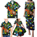 Raiders Autism Awareness Family Matching Puletasi and Hawaiian Shirt Puzzle Flames Rugby Ball