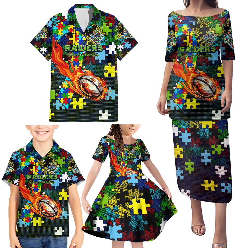Raiders Autism Awareness Family Matching Puletasi and Hawaiian Shirt Puzzle Flames Rugby Ball