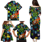 Raiders Autism Awareness Family Matching Puletasi and Hawaiian Shirt Puzzle Flames Rugby Ball