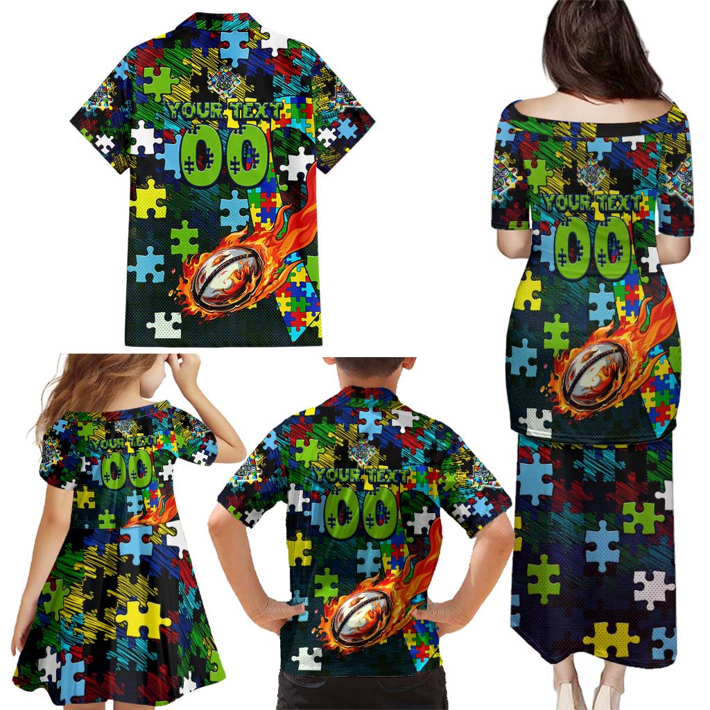 Raiders Autism Awareness Family Matching Puletasi and Hawaiian Shirt Puzzle Flames Rugby Ball