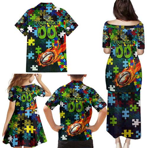 Raiders Autism Awareness Family Matching Puletasi and Hawaiian Shirt Puzzle Flames Rugby Ball