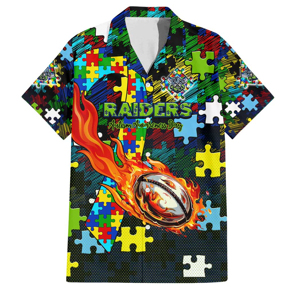 Raiders Autism Awareness Family Matching Puletasi and Hawaiian Shirt Puzzle Flames Rugby Ball