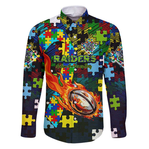 Raiders Autism Awareness Family Matching Puletasi and Hawaiian Shirt Puzzle Flames Rugby Ball