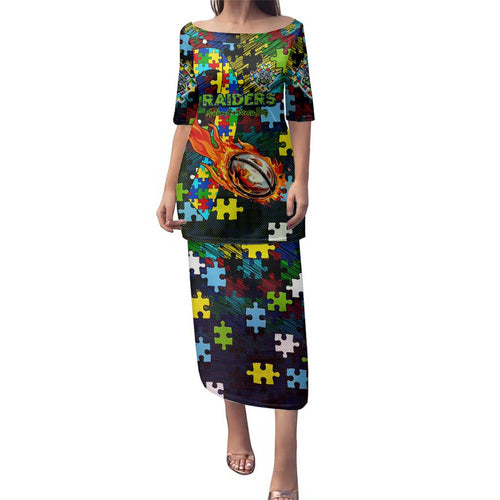 Raiders Autism Awareness Family Matching Puletasi and Hawaiian Shirt Puzzle Flames Rugby Ball