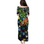 Raiders Autism Awareness Family Matching Puletasi and Hawaiian Shirt Puzzle Flames Rugby Ball