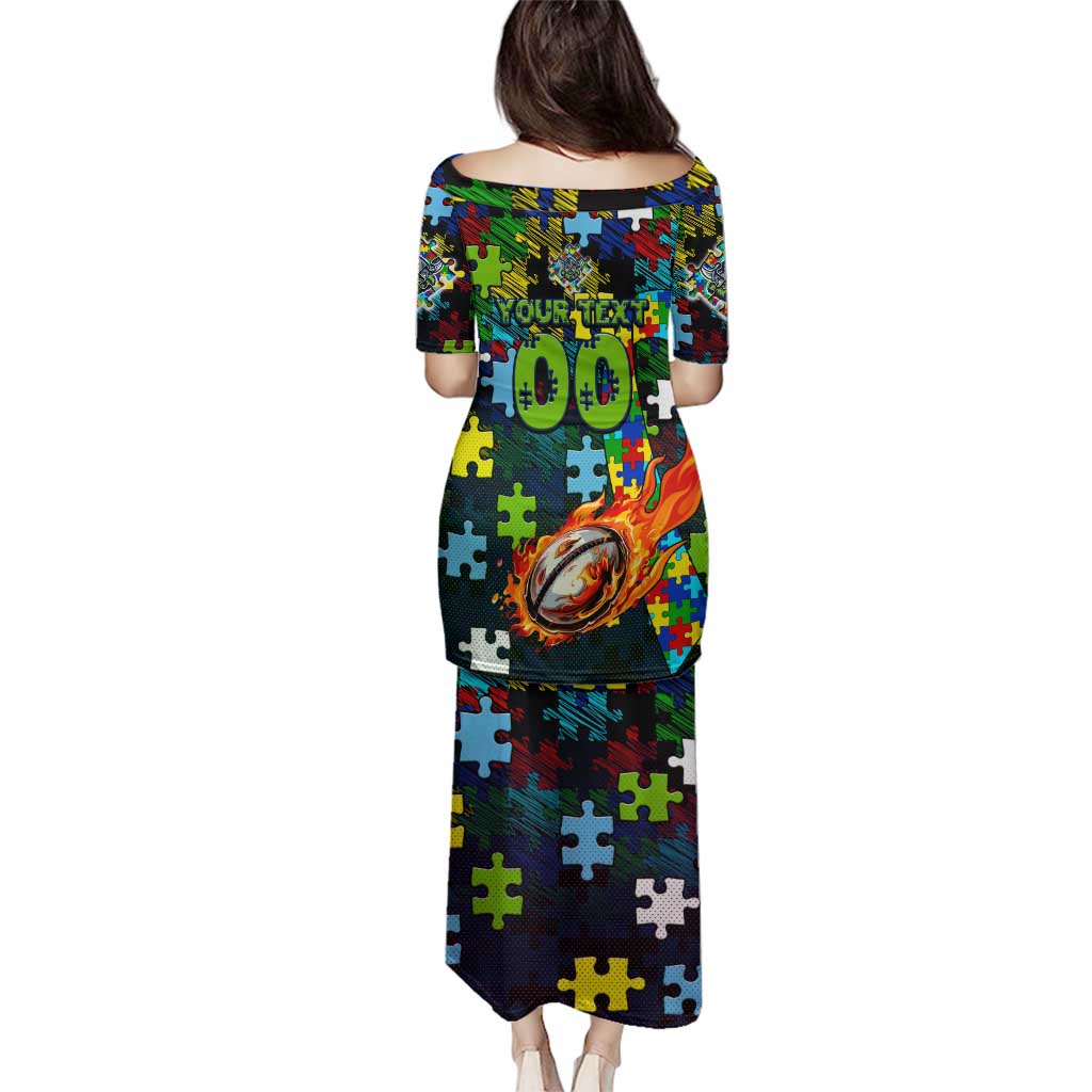 Raiders Autism Awareness Family Matching Puletasi and Hawaiian Shirt Puzzle Flames Rugby Ball