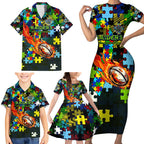 Raiders Autism Awareness Family Matching Short Sleeve Bodycon Dress and Hawaiian Shirt Puzzle Flames Rugby Ball