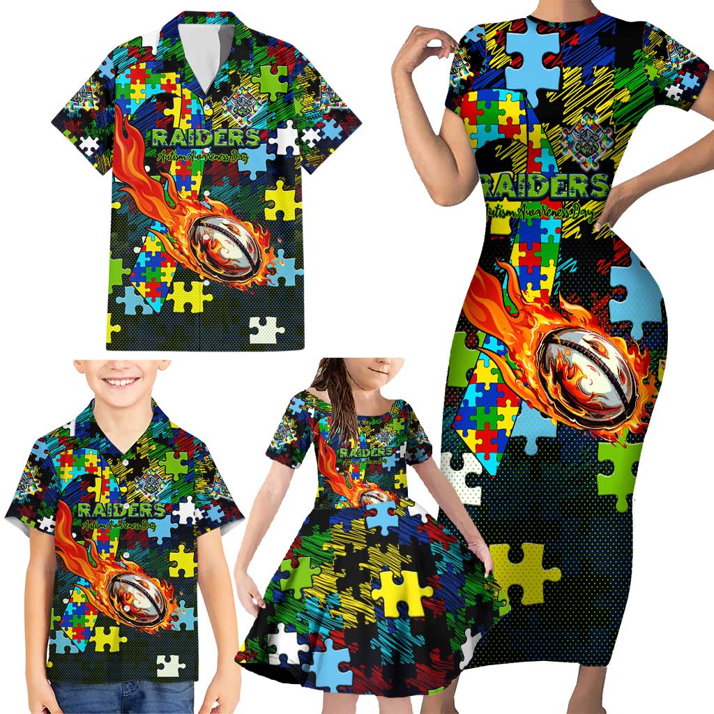 Raiders Autism Awareness Family Matching Short Sleeve Bodycon Dress and Hawaiian Shirt Puzzle Flames Rugby Ball