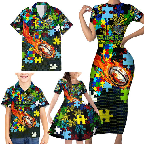 Raiders Autism Awareness Family Matching Short Sleeve Bodycon Dress and Hawaiian Shirt Puzzle Flames Rugby Ball