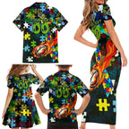 Raiders Autism Awareness Family Matching Short Sleeve Bodycon Dress and Hawaiian Shirt Puzzle Flames Rugby Ball