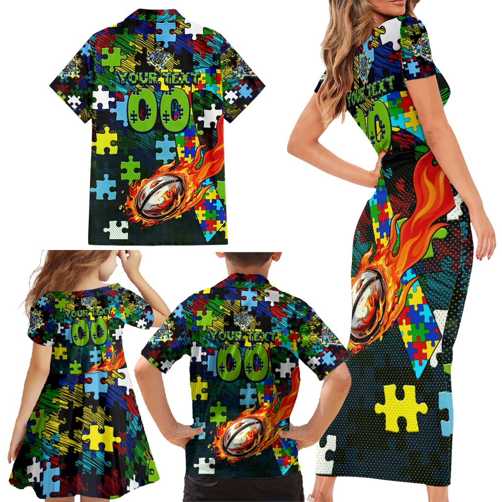 Raiders Autism Awareness Family Matching Short Sleeve Bodycon Dress and Hawaiian Shirt Puzzle Flames Rugby Ball