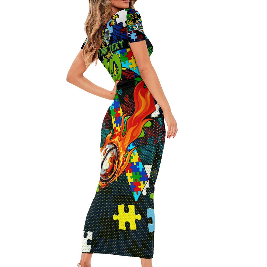 Raiders Autism Awareness Family Matching Short Sleeve Bodycon Dress and Hawaiian Shirt Puzzle Flames Rugby Ball