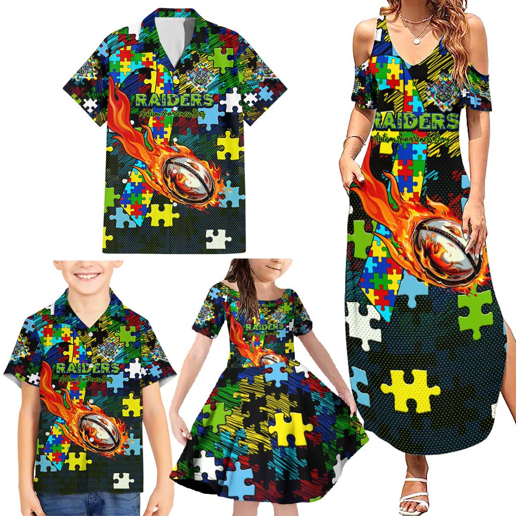 Raiders Autism Awareness Family Matching Summer Maxi Dress and Hawaiian Shirt Puzzle Flames Rugby Ball
