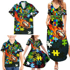 Raiders Autism Awareness Family Matching Summer Maxi Dress and Hawaiian Shirt Puzzle Flames Rugby Ball